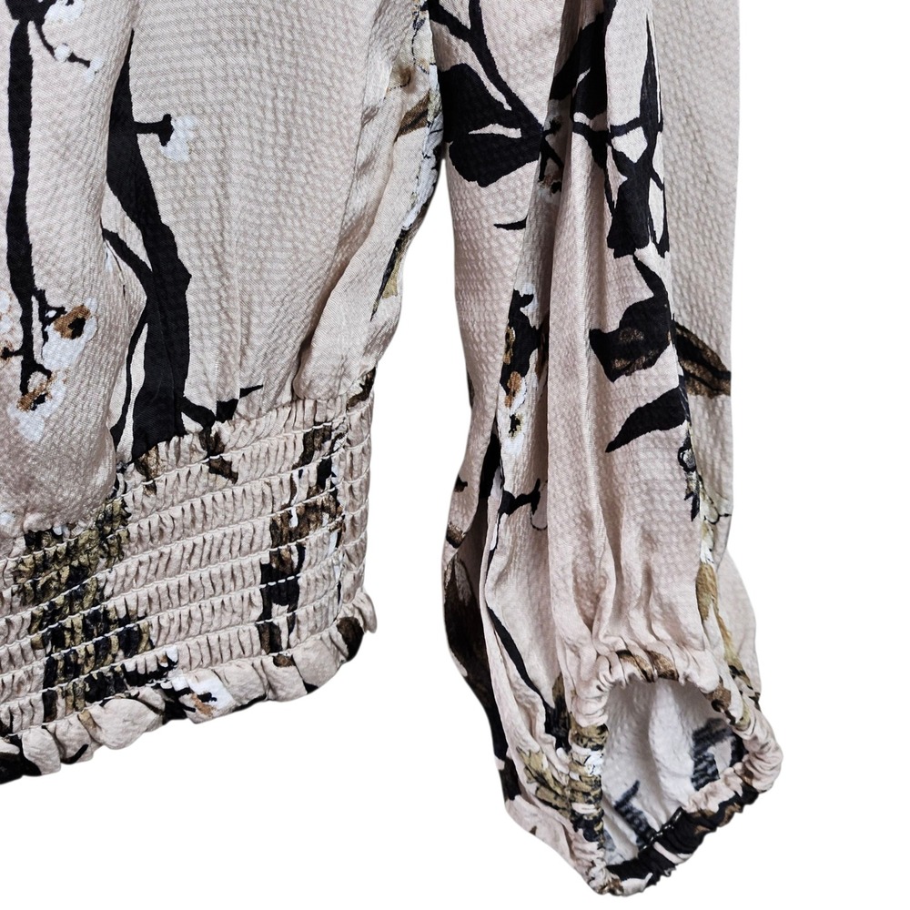 White House Black Market Floral Tie Neck Long‎ Sleeve Smocked Blouse Size S - Picture 6 of 10